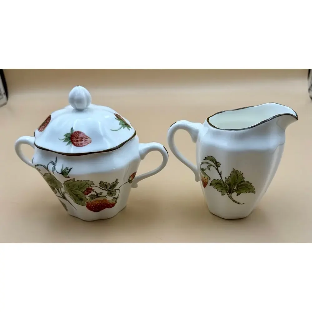 Coalport Strawberry Creamer & Covered Sugar Bowl Set Bone China England